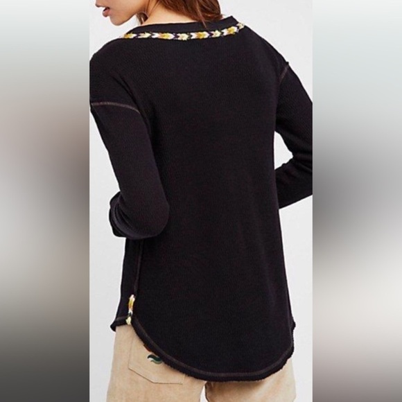 Free People Black Rainbow Embroidered Thermal Knit Henley Top - Picture 2 of 12